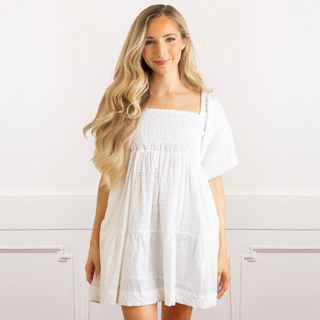 White Eyelet Puff Sleeve Smocked Dress