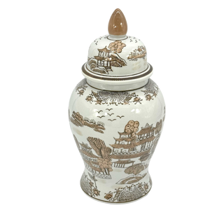 14" Brown & White Landscape Chinoiserie Ginger Jar