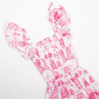 Pink Toile Smocked Flutter Sleeve Dress