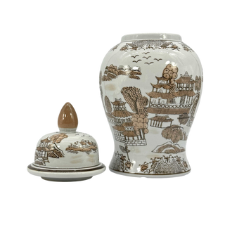14" Brown & White Landscape Chinoiserie Ginger Jar