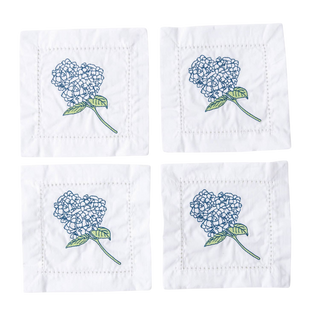 Hydrangea Stem Embroidered Cocktail Napkin Set