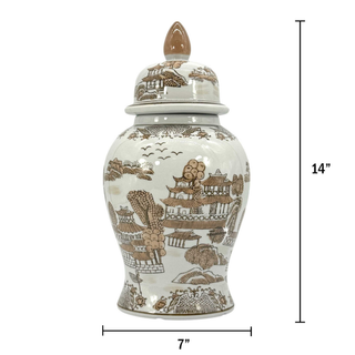14" Brown & White Landscape Chinoiserie Ginger Jar