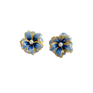 Small Double Floral Blue Pearl Earrings