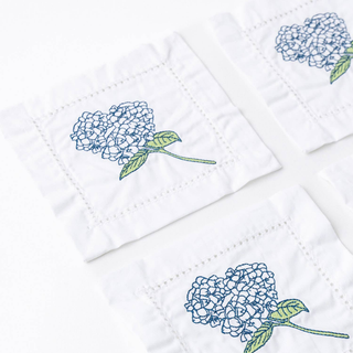 Hydrangea Stem Embroidered Cocktail Napkin Set